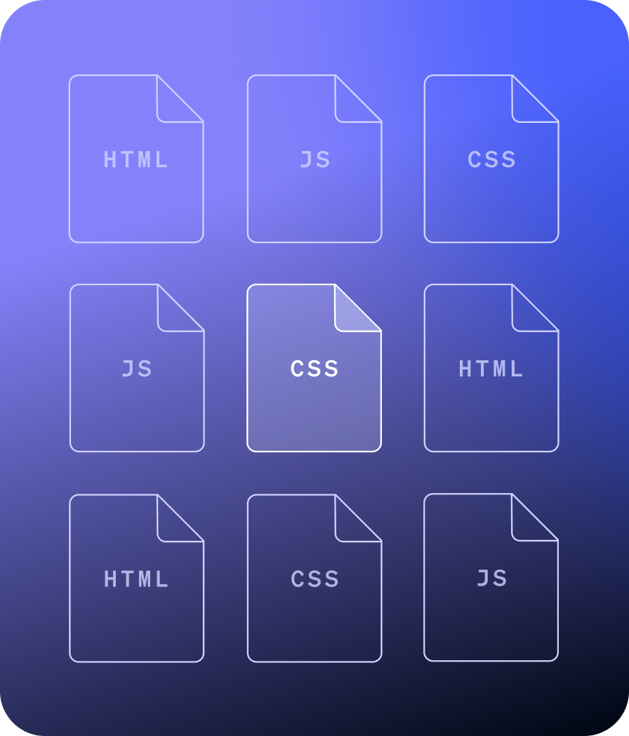 abstracted files with purple and blue theme and html, css, and js labels