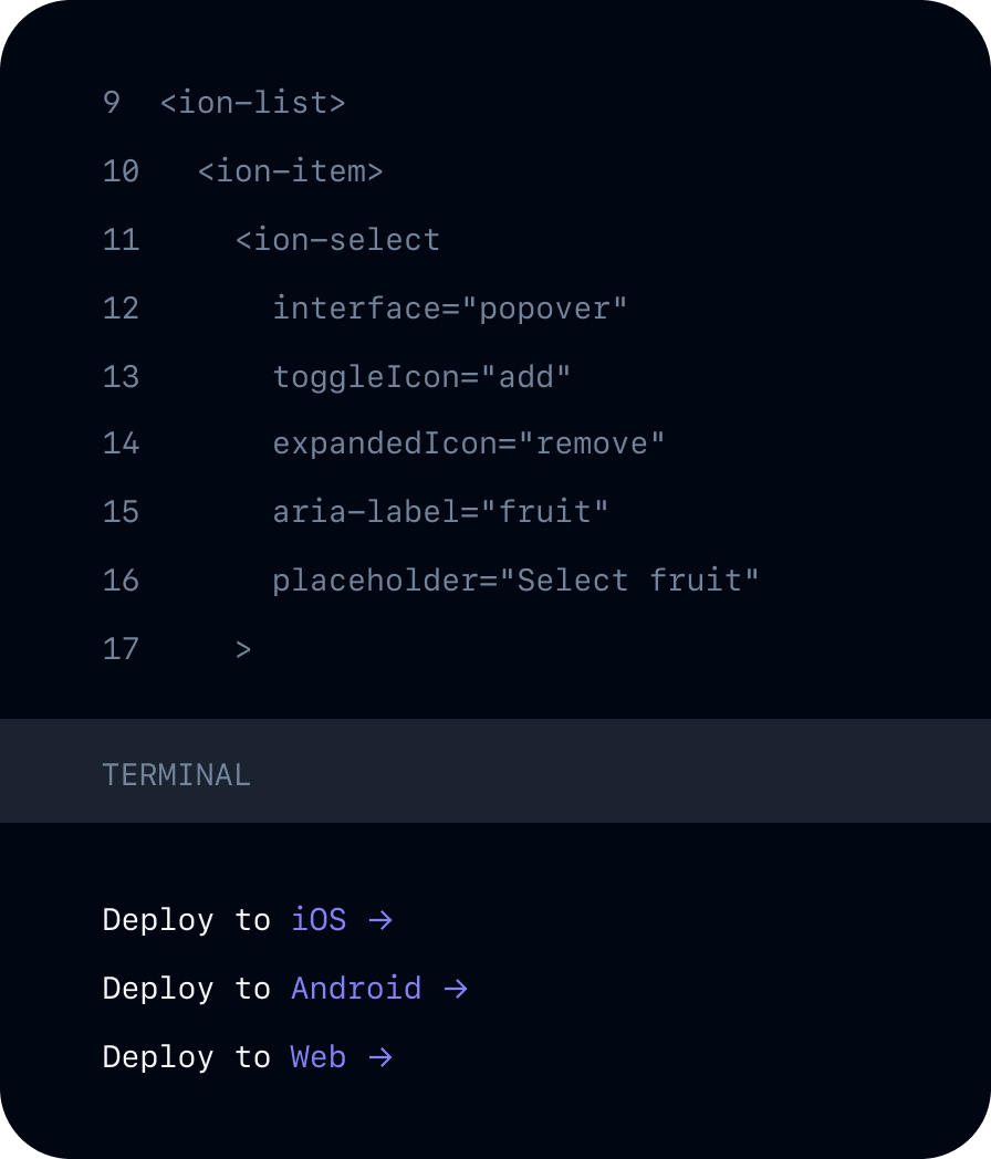 code snippet image with a terminal instance to deploy to web and app stores